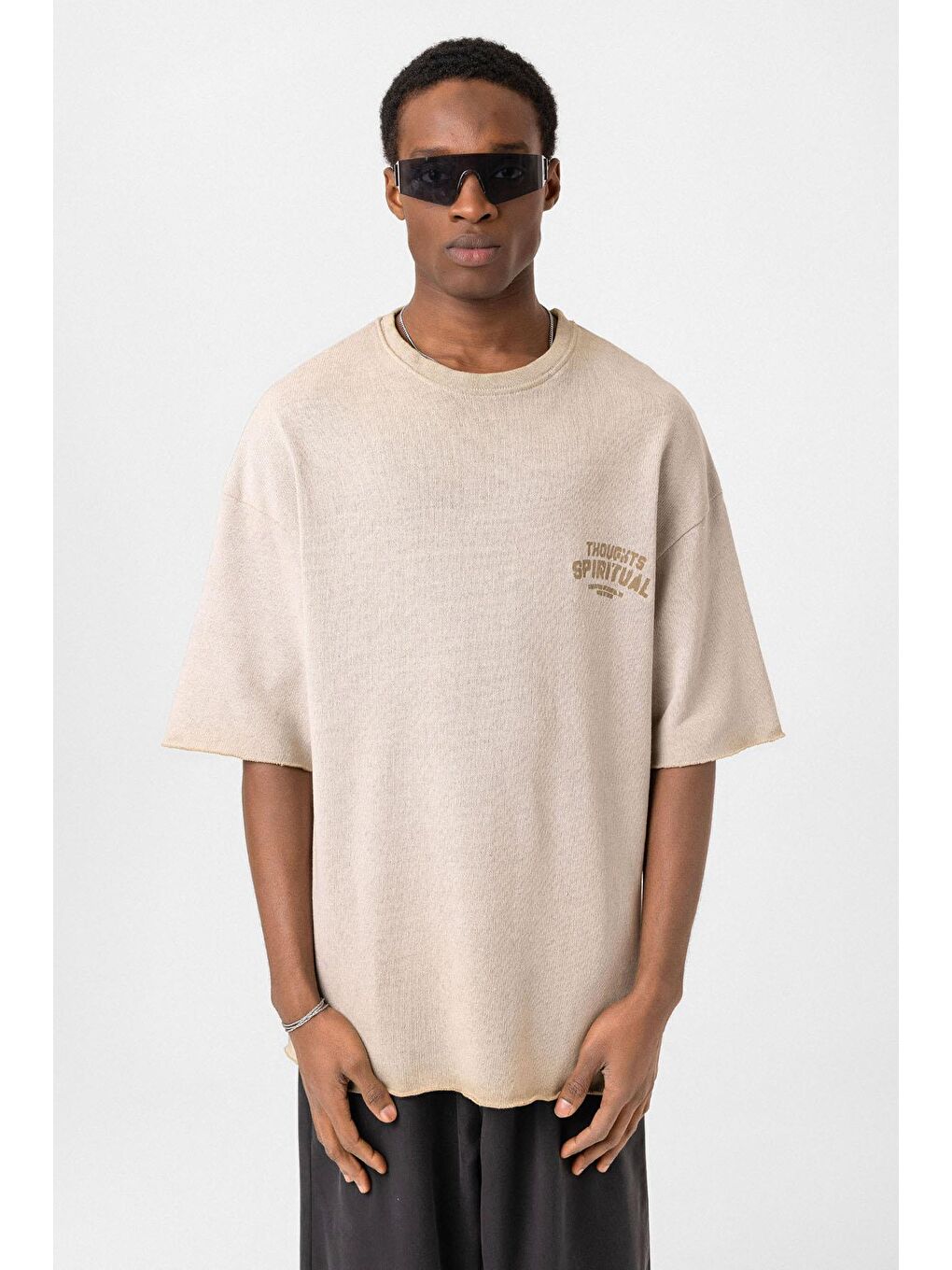 Bej Yıkamalı Oversize Triko Tişört Taş-2