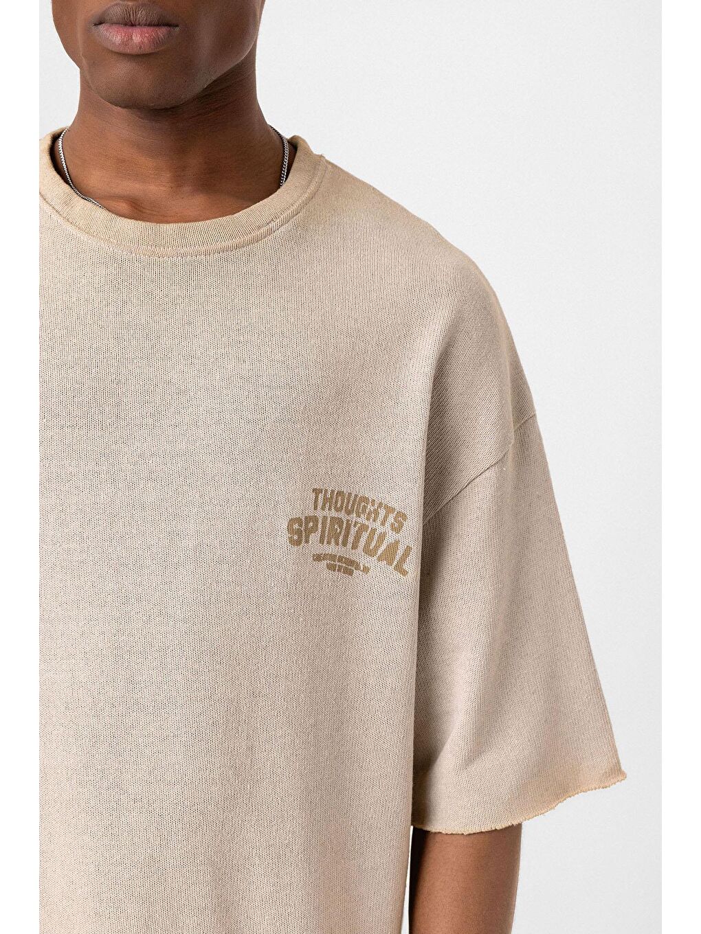 Bej Yıkamalı Oversize Triko Tişört Taş-5