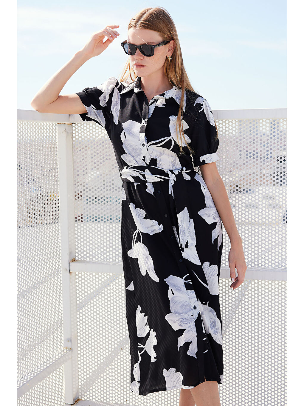 2213 Kısa Kol Viskon Elbise - D. Siyah