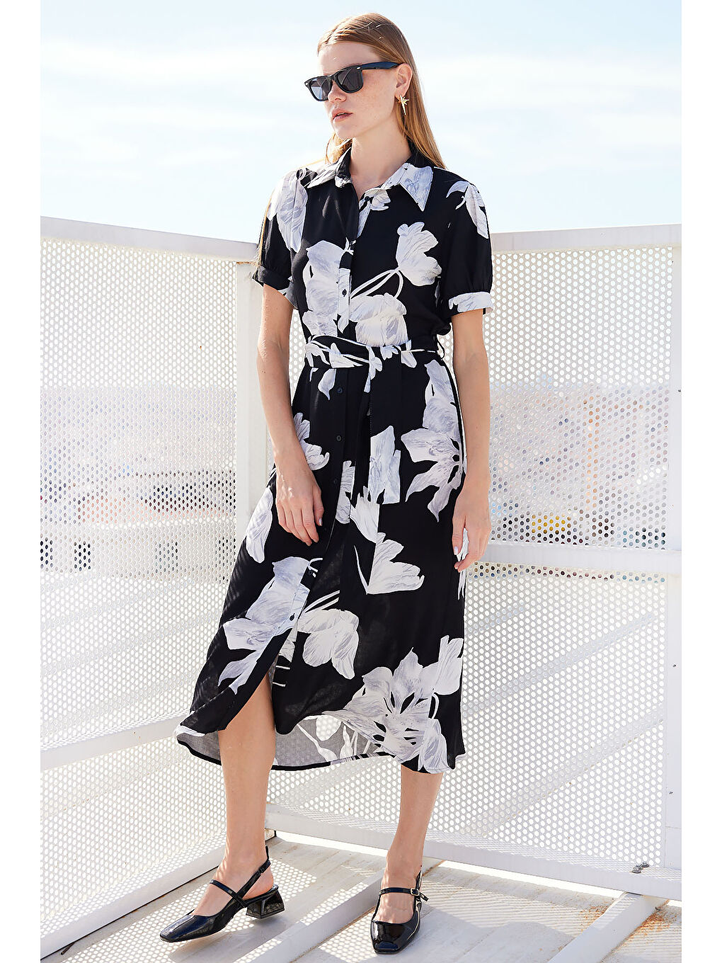 2213 Kısa Kol Viskon Elbise - D. Siyah-1