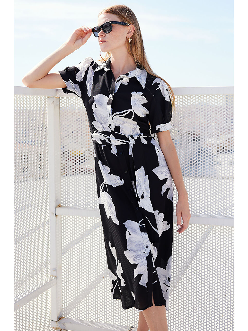 2213 Kısa Kol Viskon Elbise - D. Siyah-2