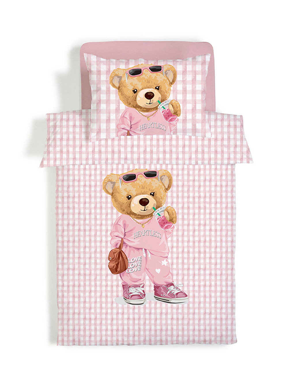 Karışık Tedy Desenli Çarşafsız 2 li Takım Baskılı Tek Kişilik Nevresim Takımı 160x220 cm-1