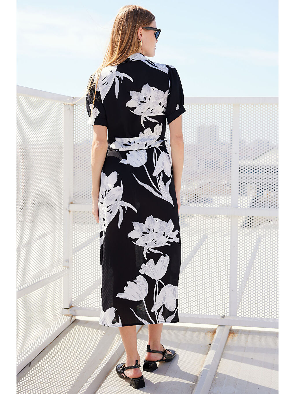 2213 Kısa Kol Viskon Elbise - D. Siyah-6