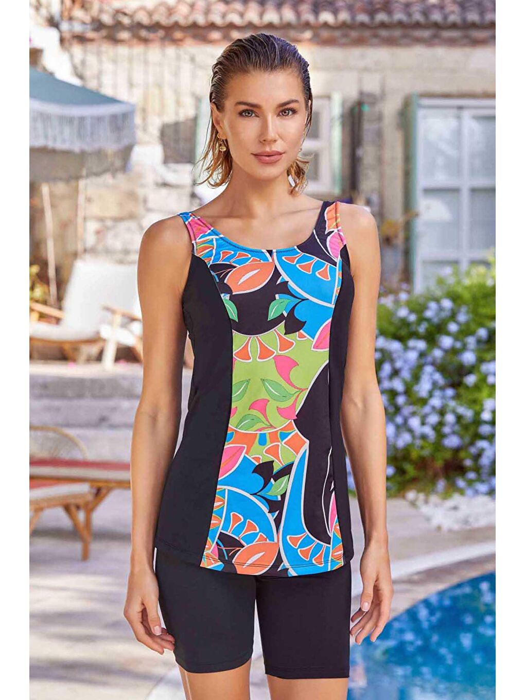 Sıfır Kol Şortlu Yarı Kapalı Mayo Walter 3862 Siyah