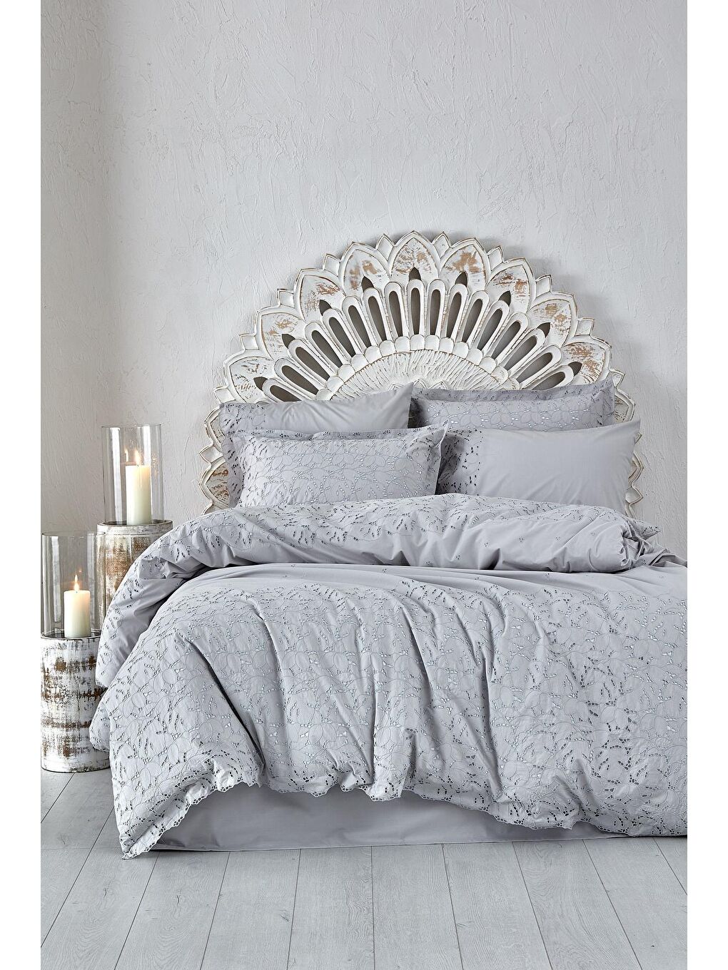 Piraye Battal Boy Nevresim Takımı %100 Organik Pamuk Perkal Brodeli Gri 240x220 Cm