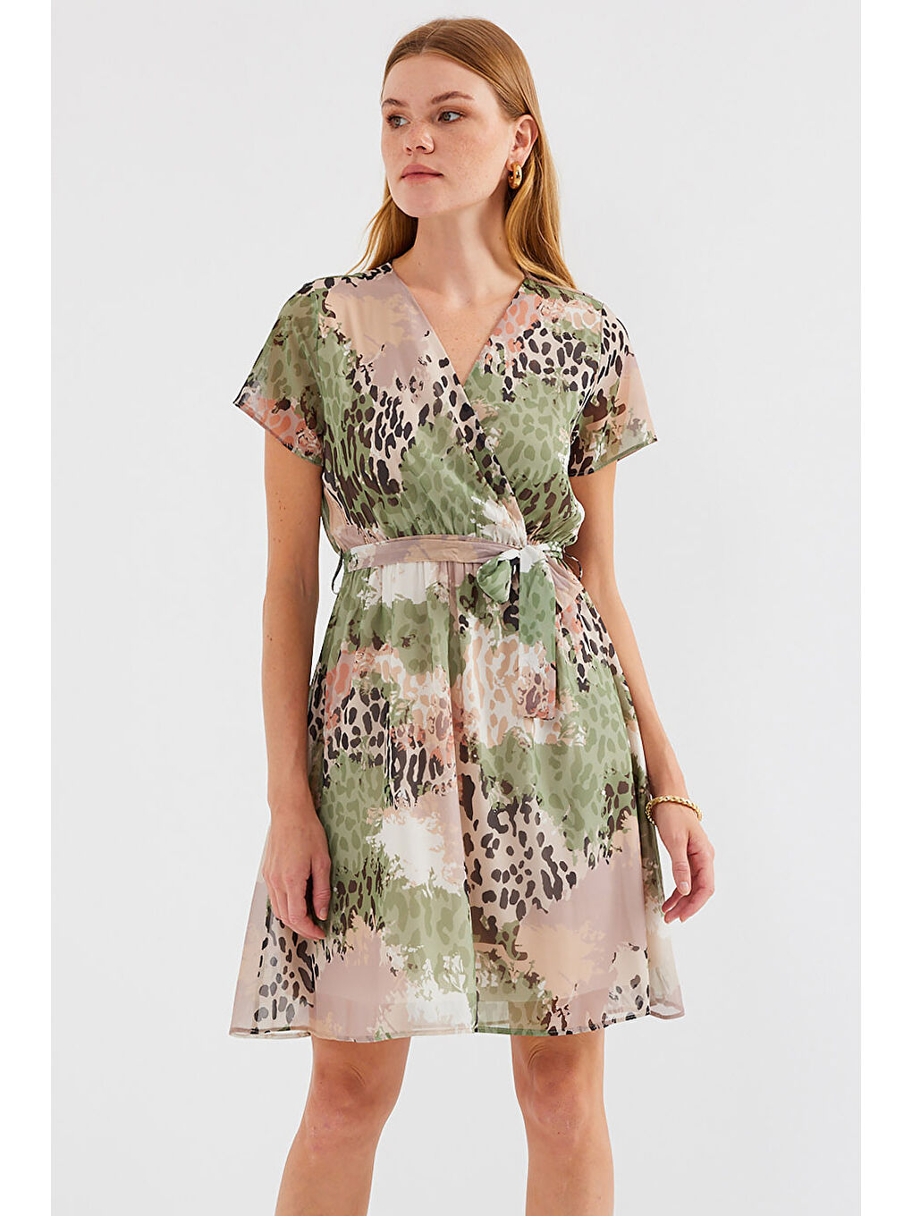 Yeşil 2502 Kısa Kol Desenli Şifon Elbise - Çağla