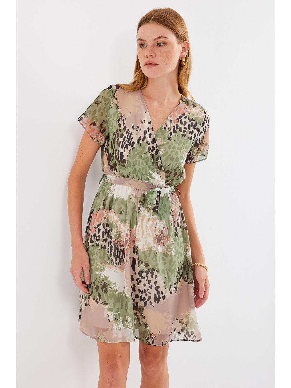 Yeşil 2502 Kısa Kol Desenli Şifon Elbise - Çağla-1