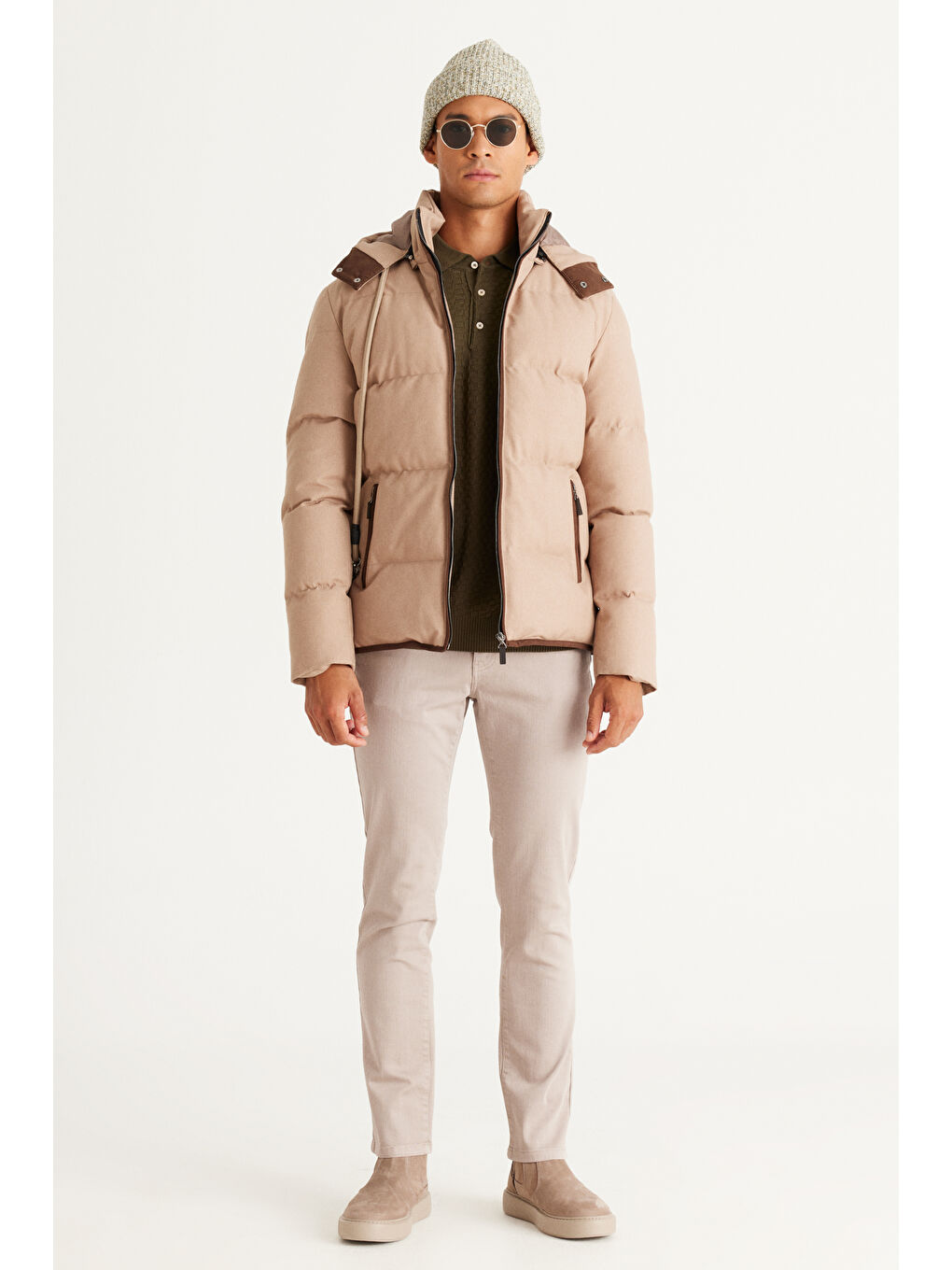 Erkek Bej Standart Fit Normal Kesim Yan Cep Çıkabilir Kapüşonlu Mont-1