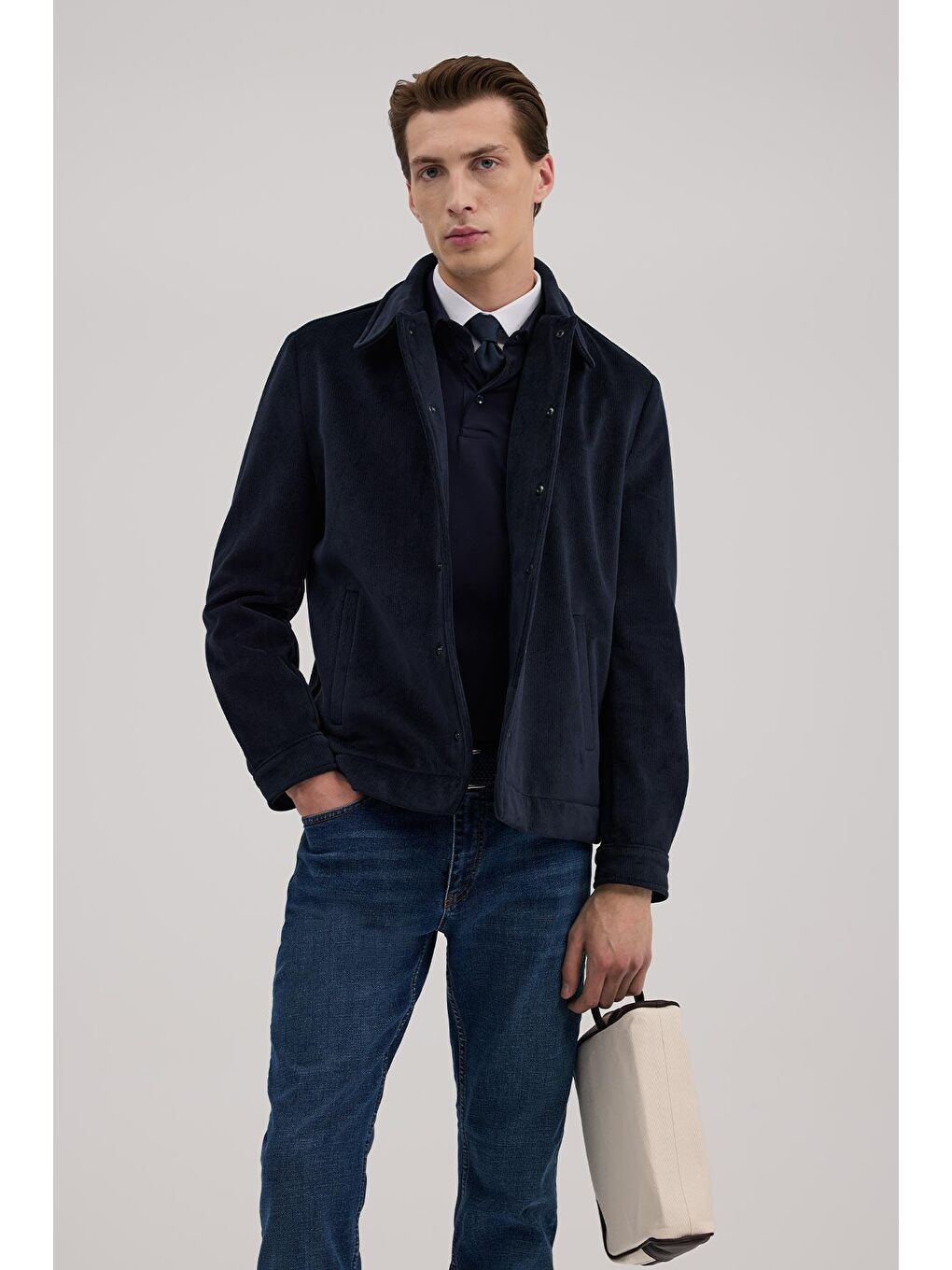 Lacivert Comfort Fit Hakim Yaka Kadife Mont-2