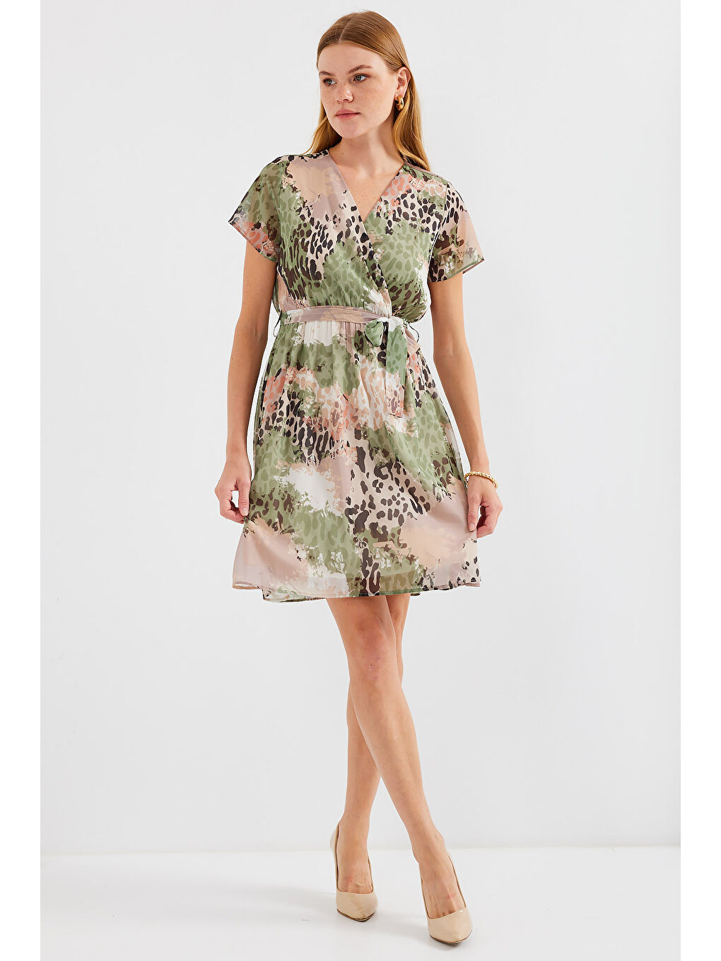 Yeşil 2502 Kısa Kol Desenli Şifon Elbise - Çağla-2