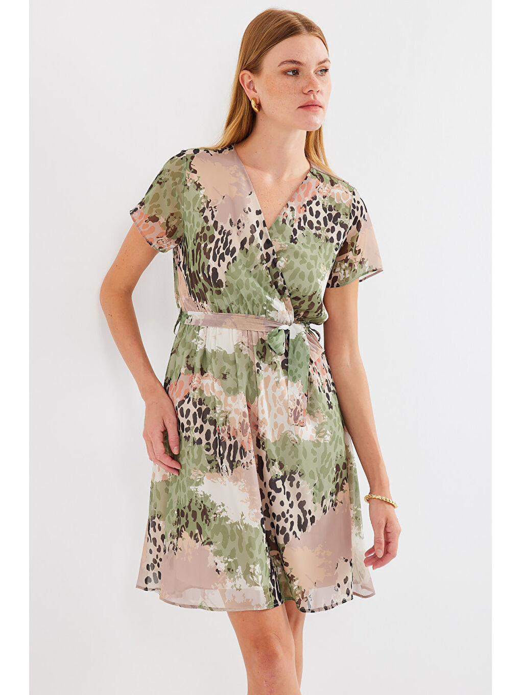 Yeşil 2502 Kısa Kol Desenli Şifon Elbise - Çağla-3