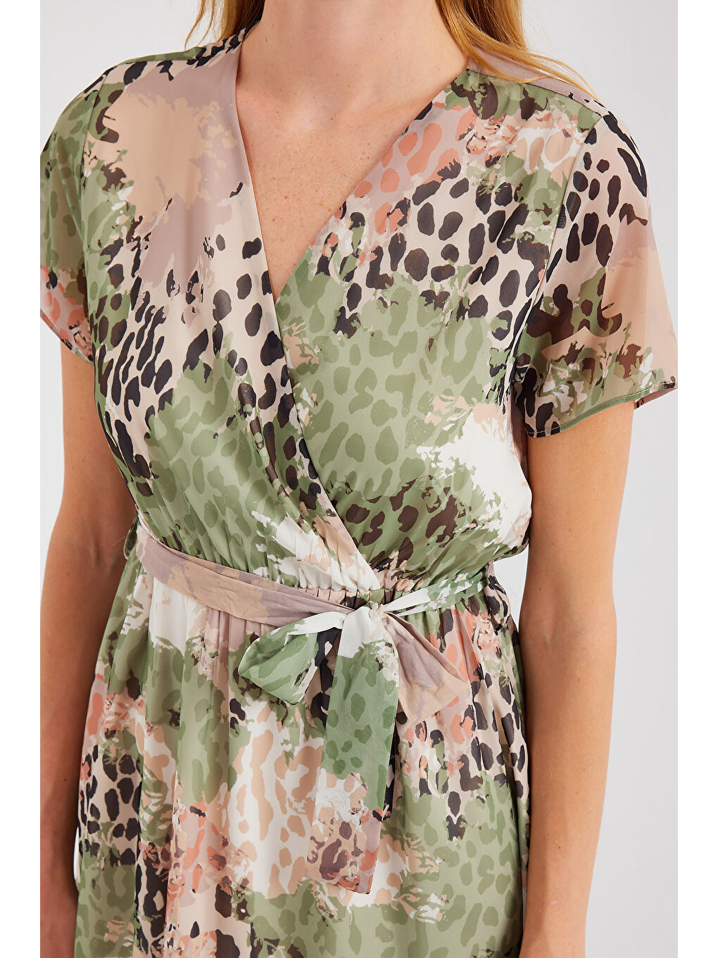 Yeşil 2502 Kısa Kol Desenli Şifon Elbise - Çağla-5