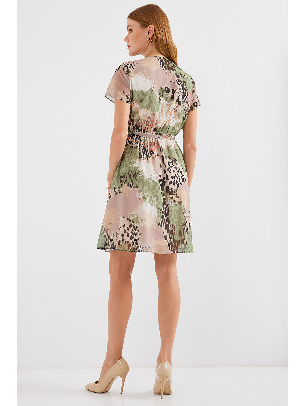 Yeşil 2502 Kısa Kol Desenli Şifon Elbise - Çağla-6