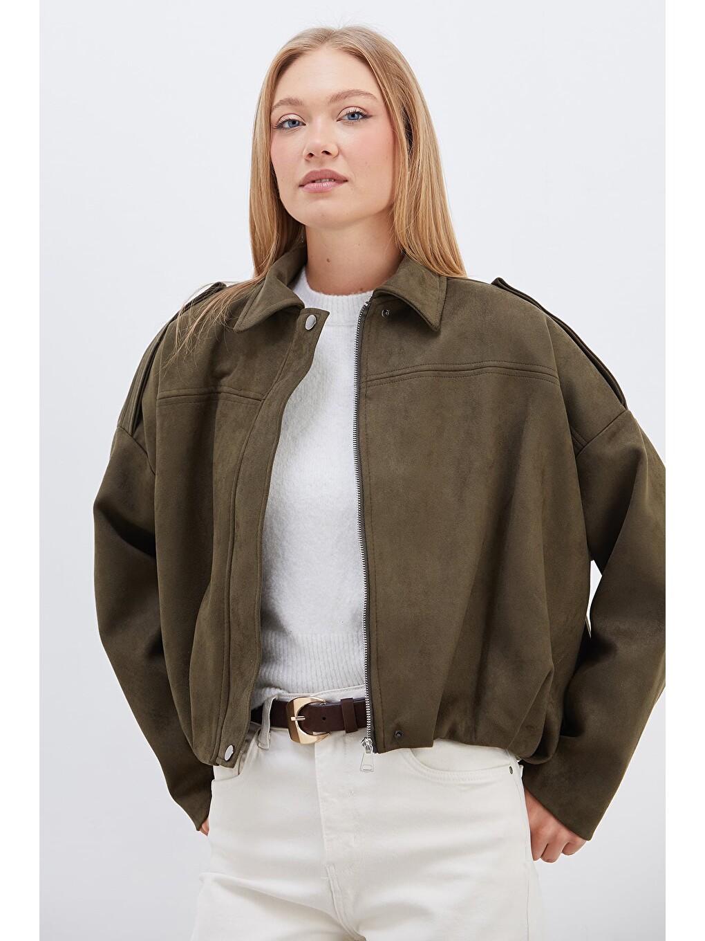 Haki Fermuarlı Polo Yaka Süet Bomber Ceket-2