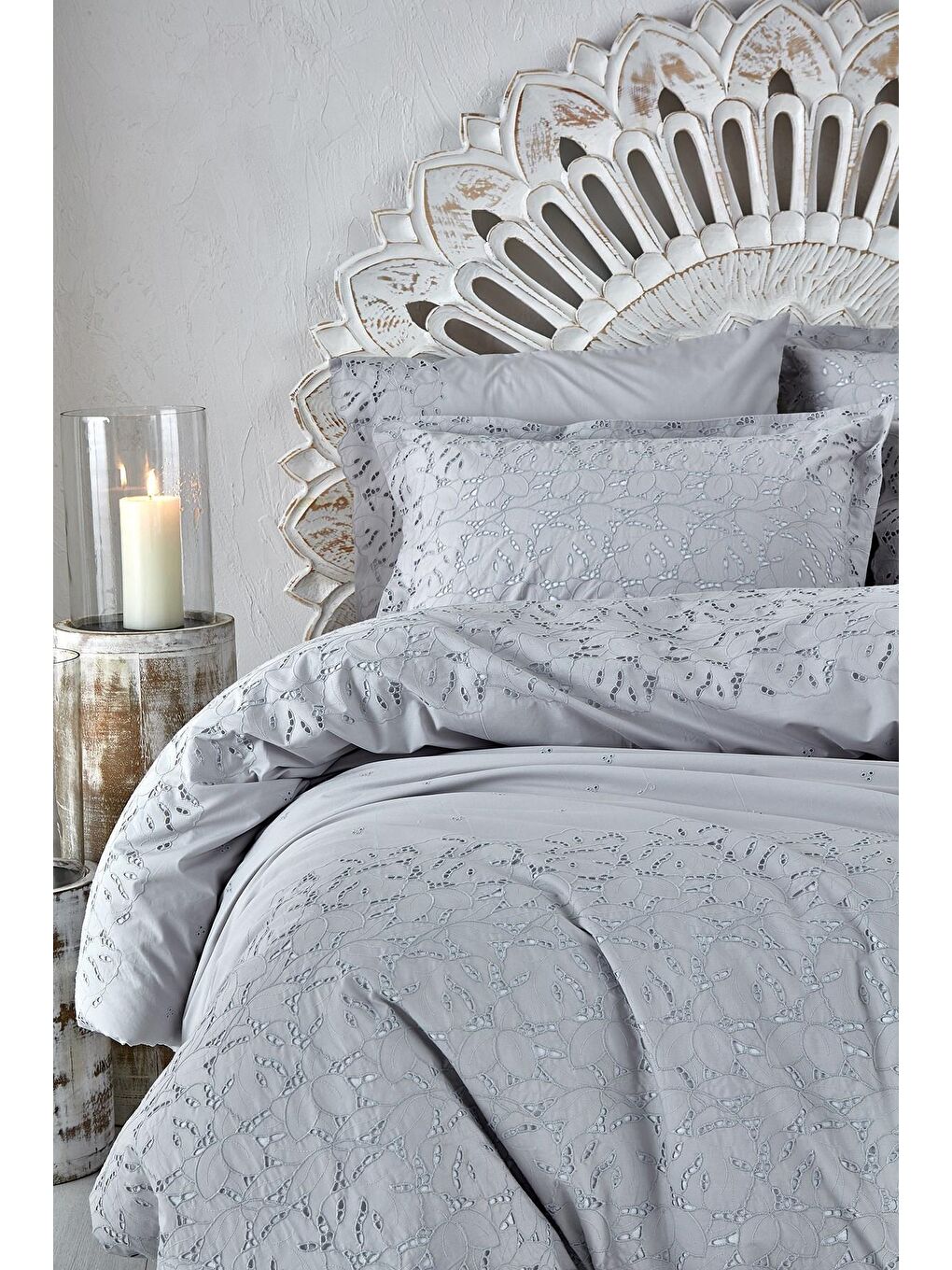 Piraye Battal Boy Nevresim Takımı %100 Organik Pamuk Perkal Brodeli Gri 240x220 Cm-1