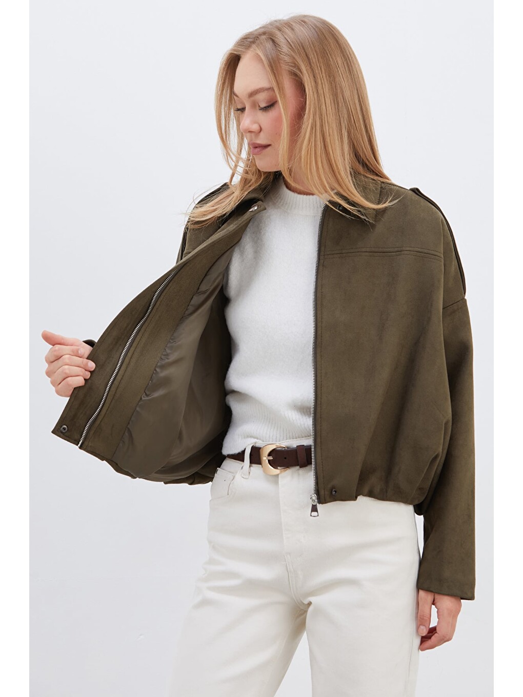 Haki Fermuarlı Polo Yaka Süet Bomber Ceket-3