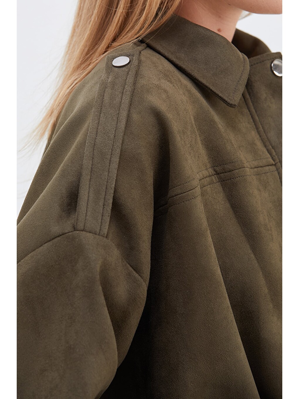 Haki Fermuarlı Polo Yaka Süet Bomber Ceket-4