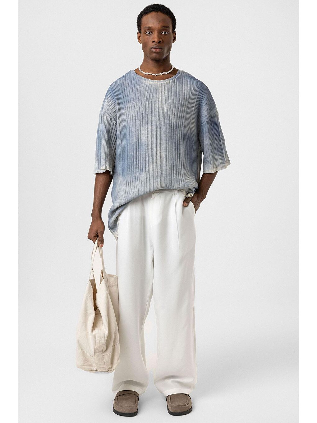 Yıkamalı Oversize Triko Tişört İndigo