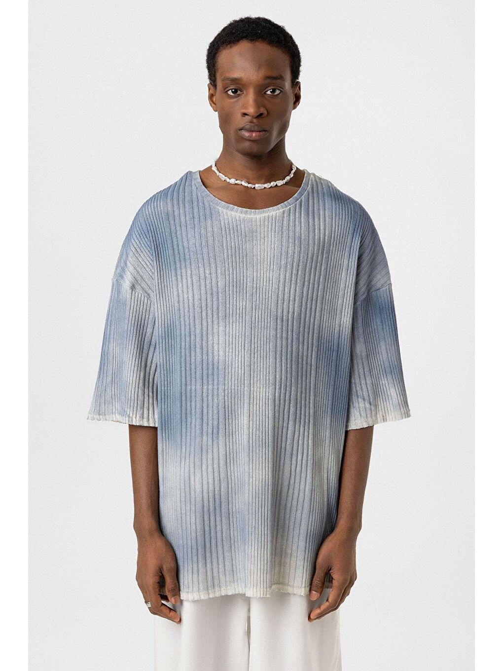 Yıkamalı Oversize Triko Tişört İndigo-2