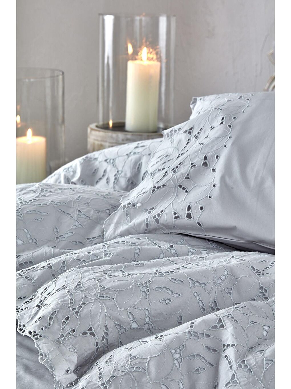 Piraye Battal Boy Nevresim Takımı %100 Organik Pamuk Perkal Brodeli Gri 240x220 Cm-2