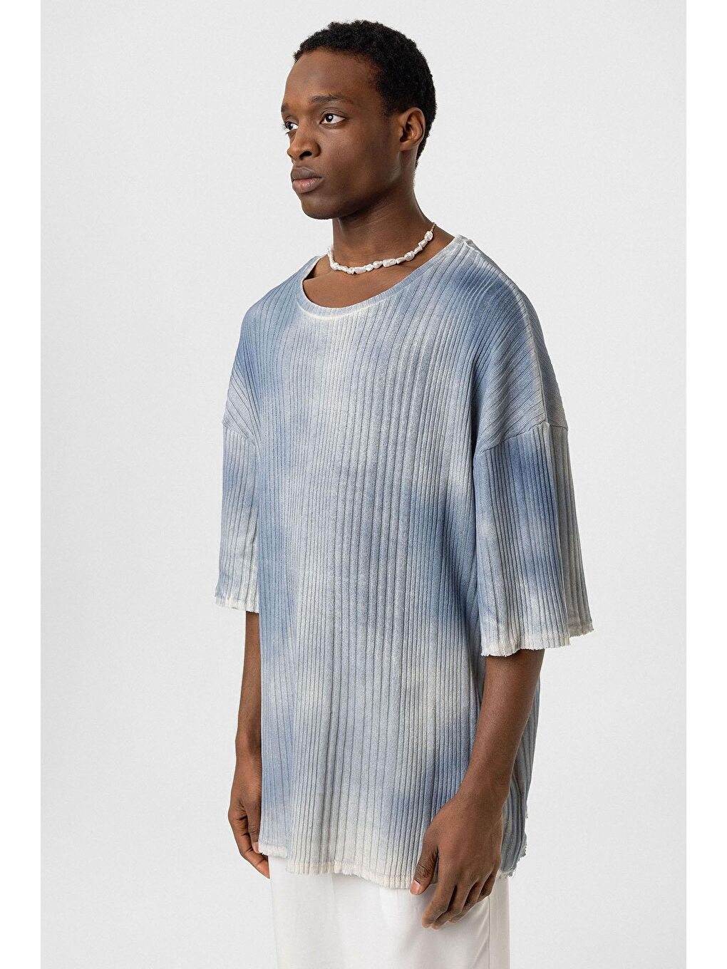 Yıkamalı Oversize Triko Tişört İndigo-3