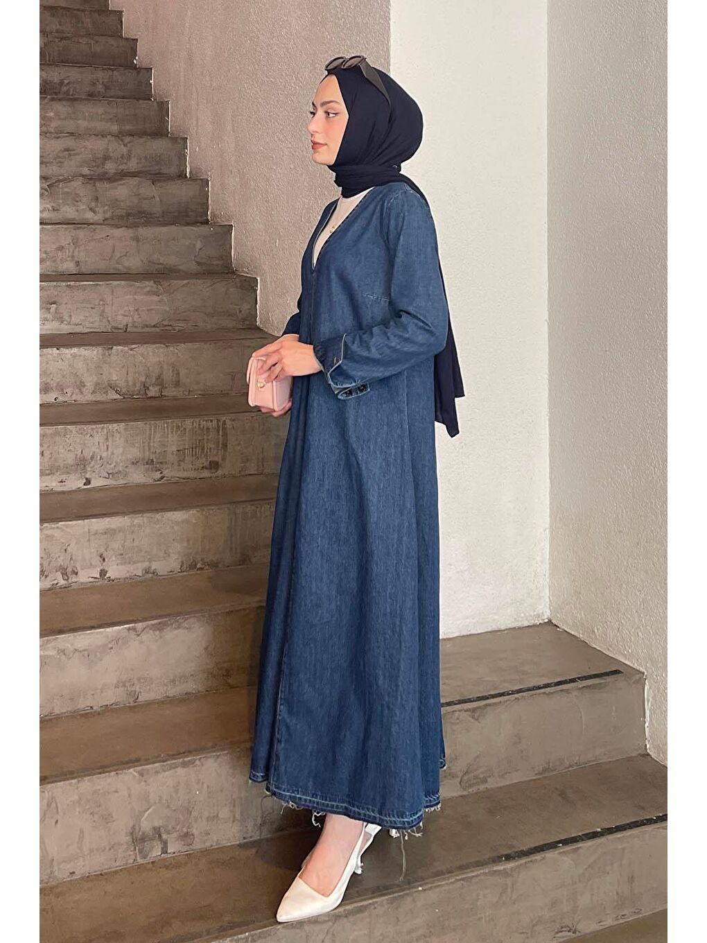 Açık Yaka Detaylı Jean Elbise Mavi-2