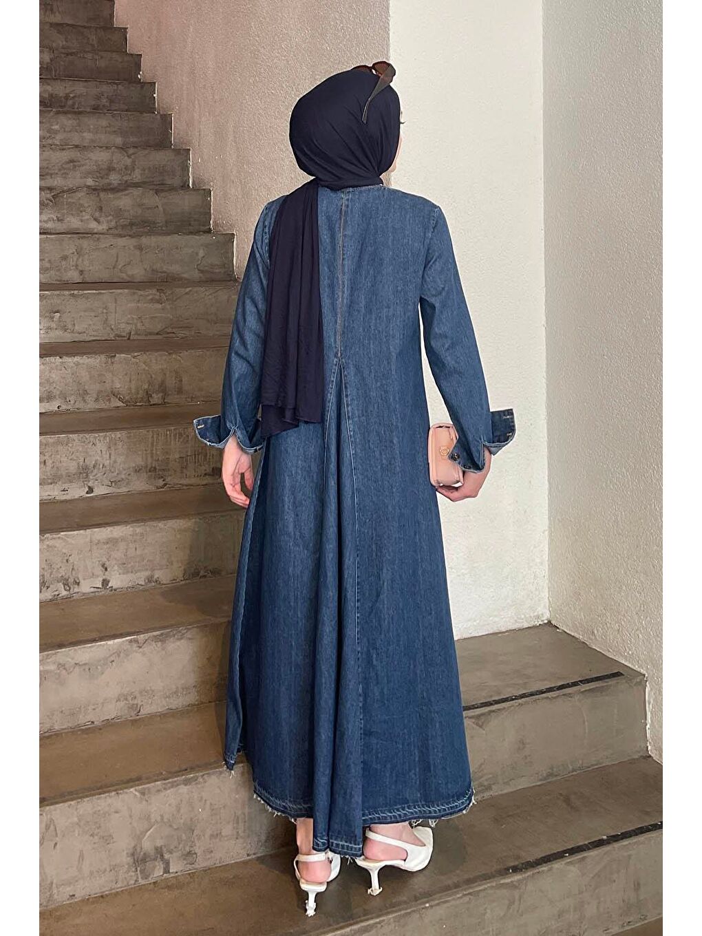 Açık Yaka Detaylı Jean Elbise Mavi-3