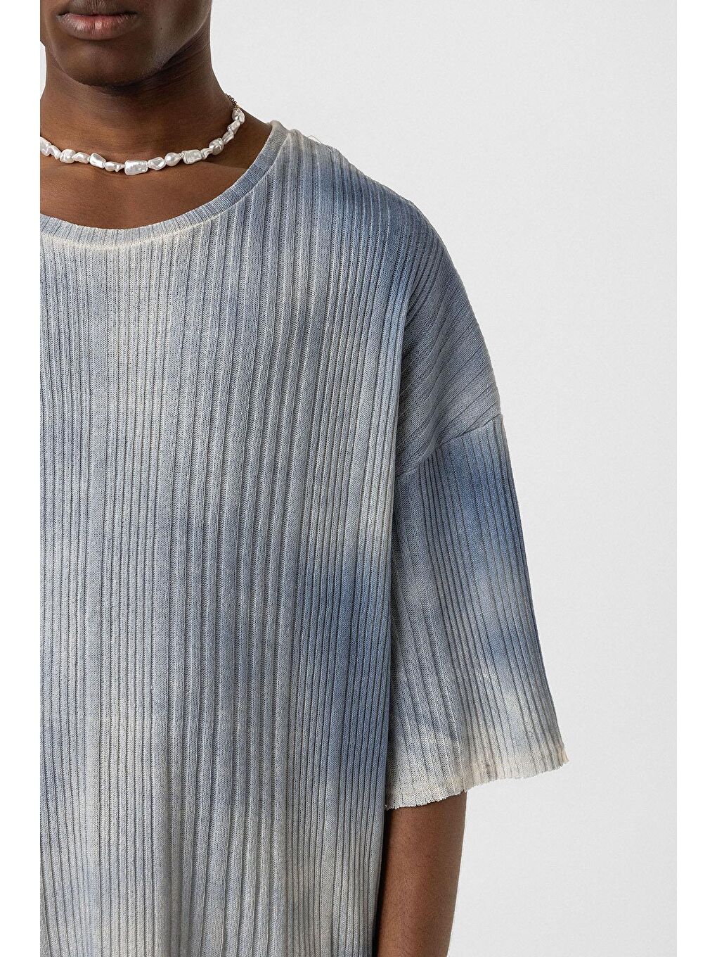 Yıkamalı Oversize Triko Tişört İndigo-5