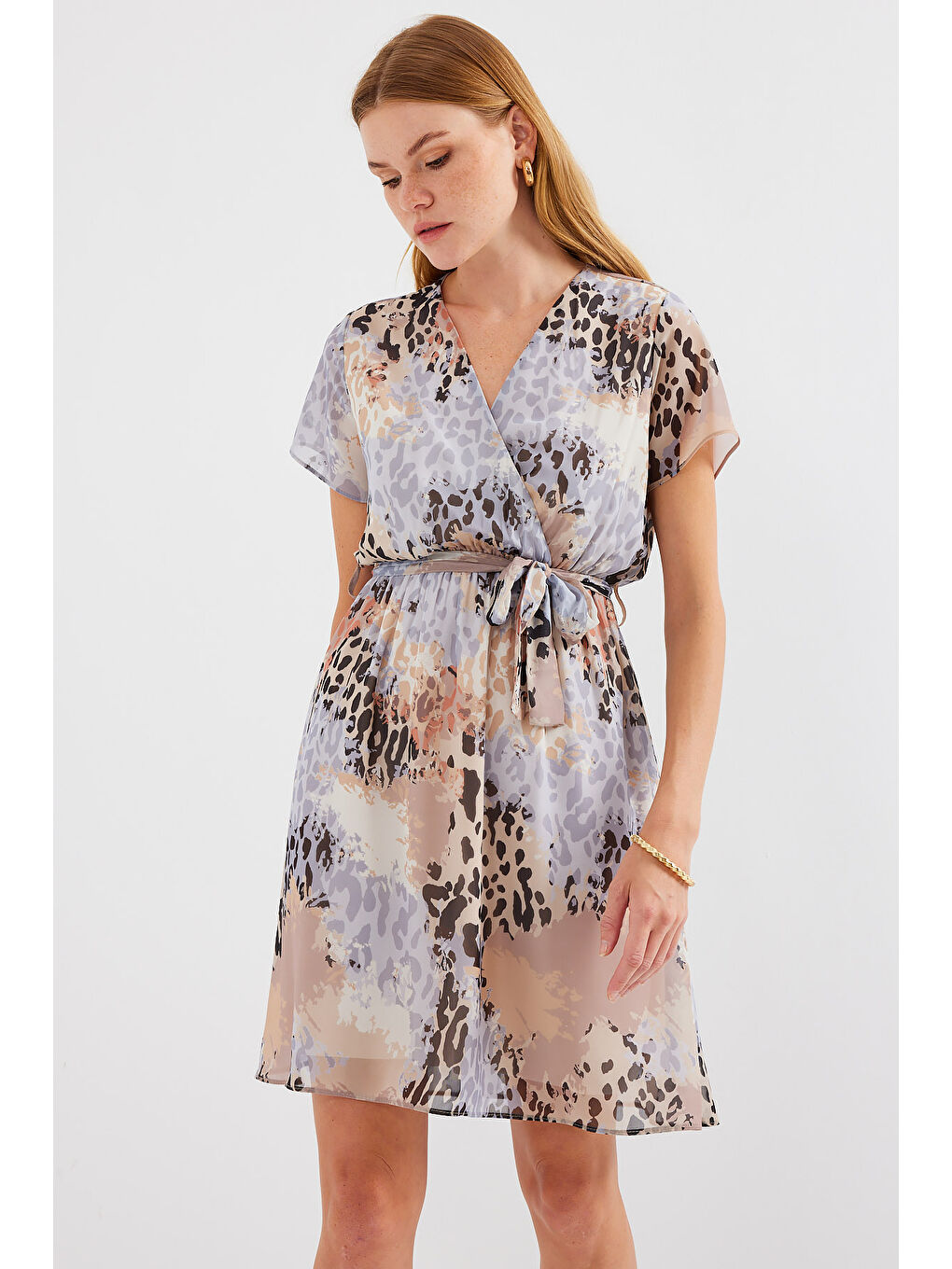 2502 Kısa Kol Desenli Şifon Elbise - Gri