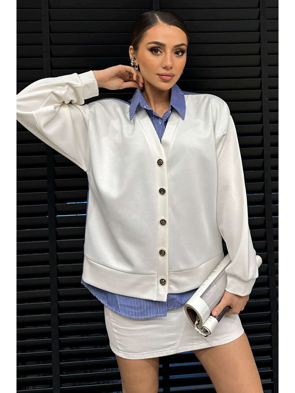 Beyaz Kadın Hırka Kombinli Gömlek-1