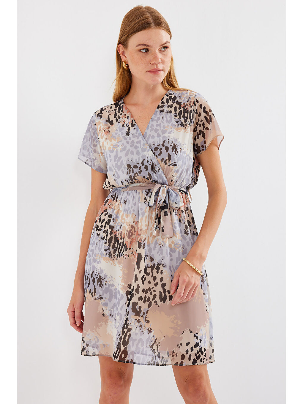 2502 Kısa Kol Desenli Şifon Elbise - Gri-2