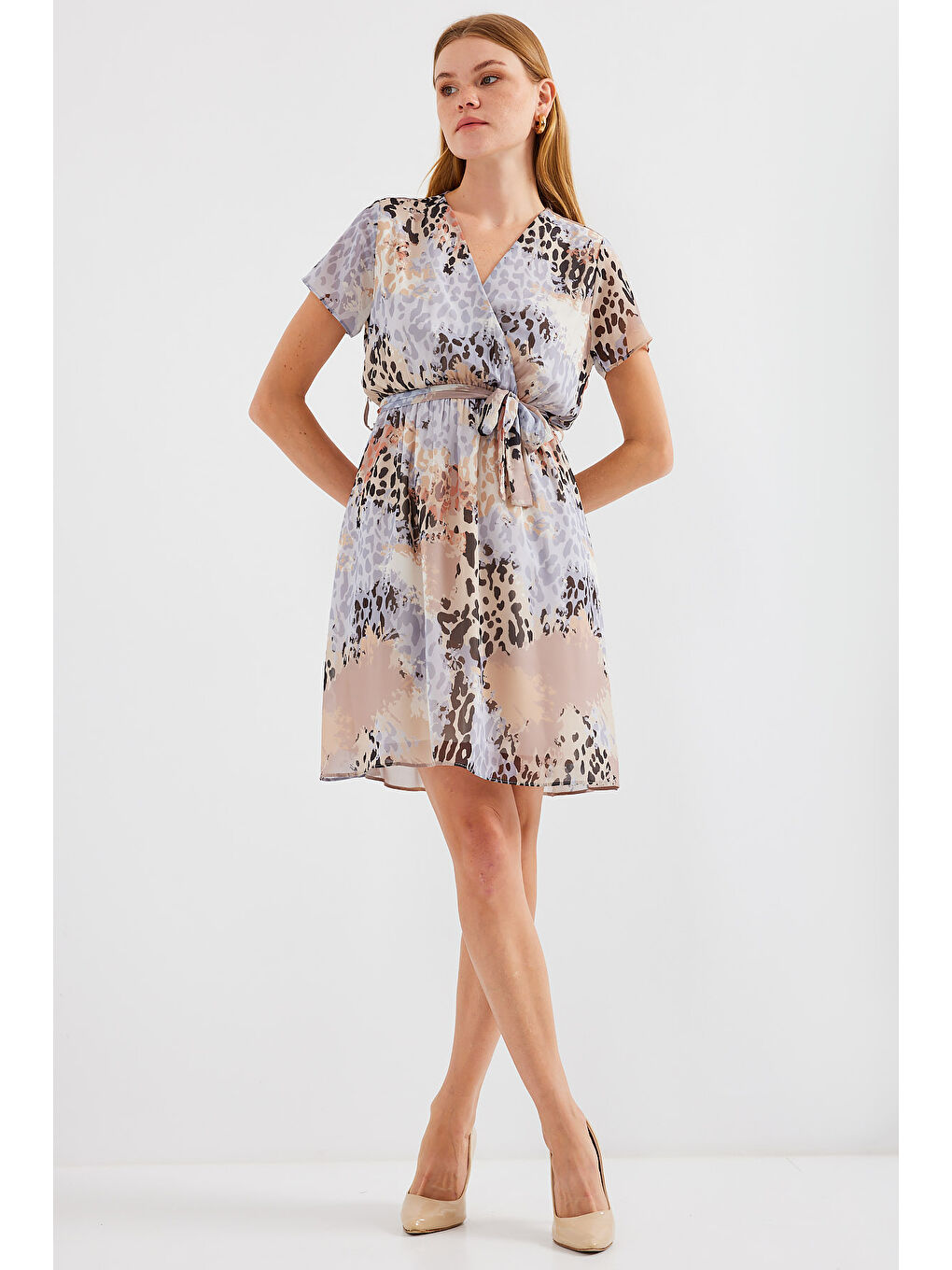 2502 Kısa Kol Desenli Şifon Elbise - Gri-3