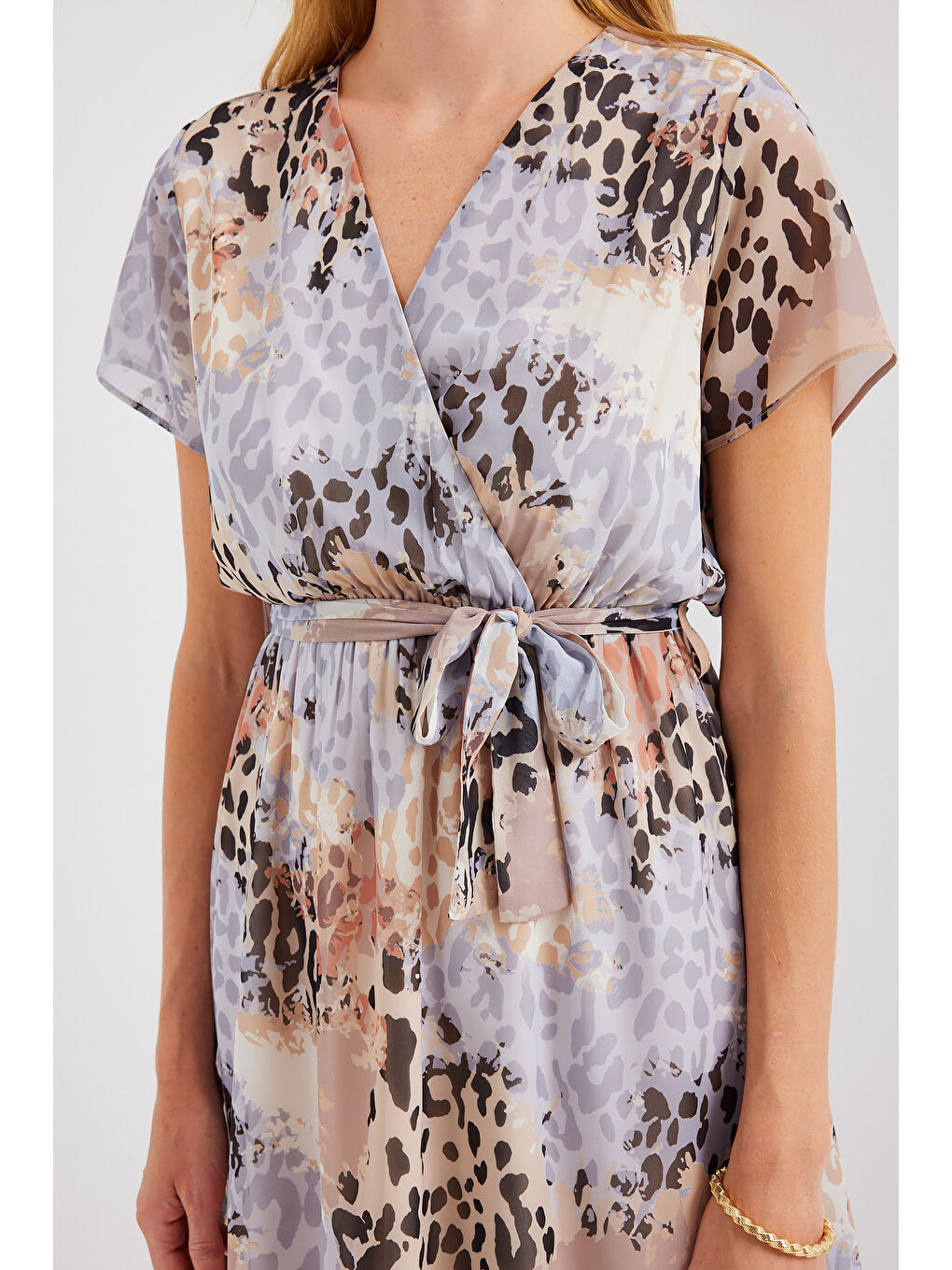 2502 Kısa Kol Desenli Şifon Elbise - Gri-4