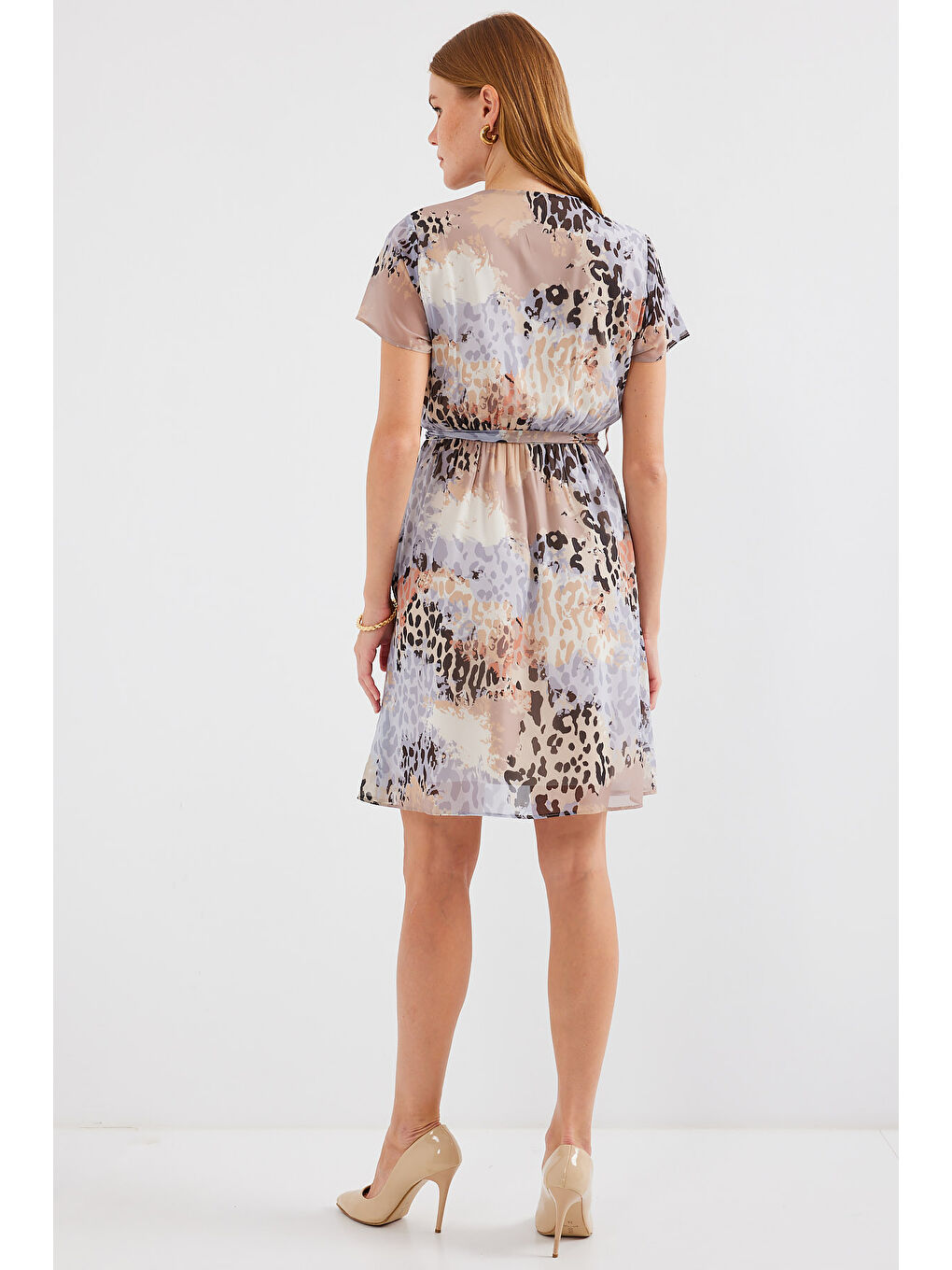 2502 Kısa Kol Desenli Şifon Elbise - Gri-5