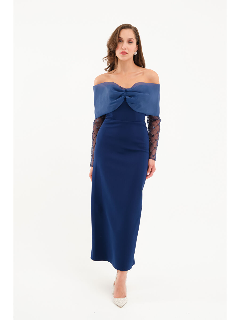 Kadın Lacivert Kol Detaylı Fiyonklu Söz Nişan Nikah Abiye Elbise-1