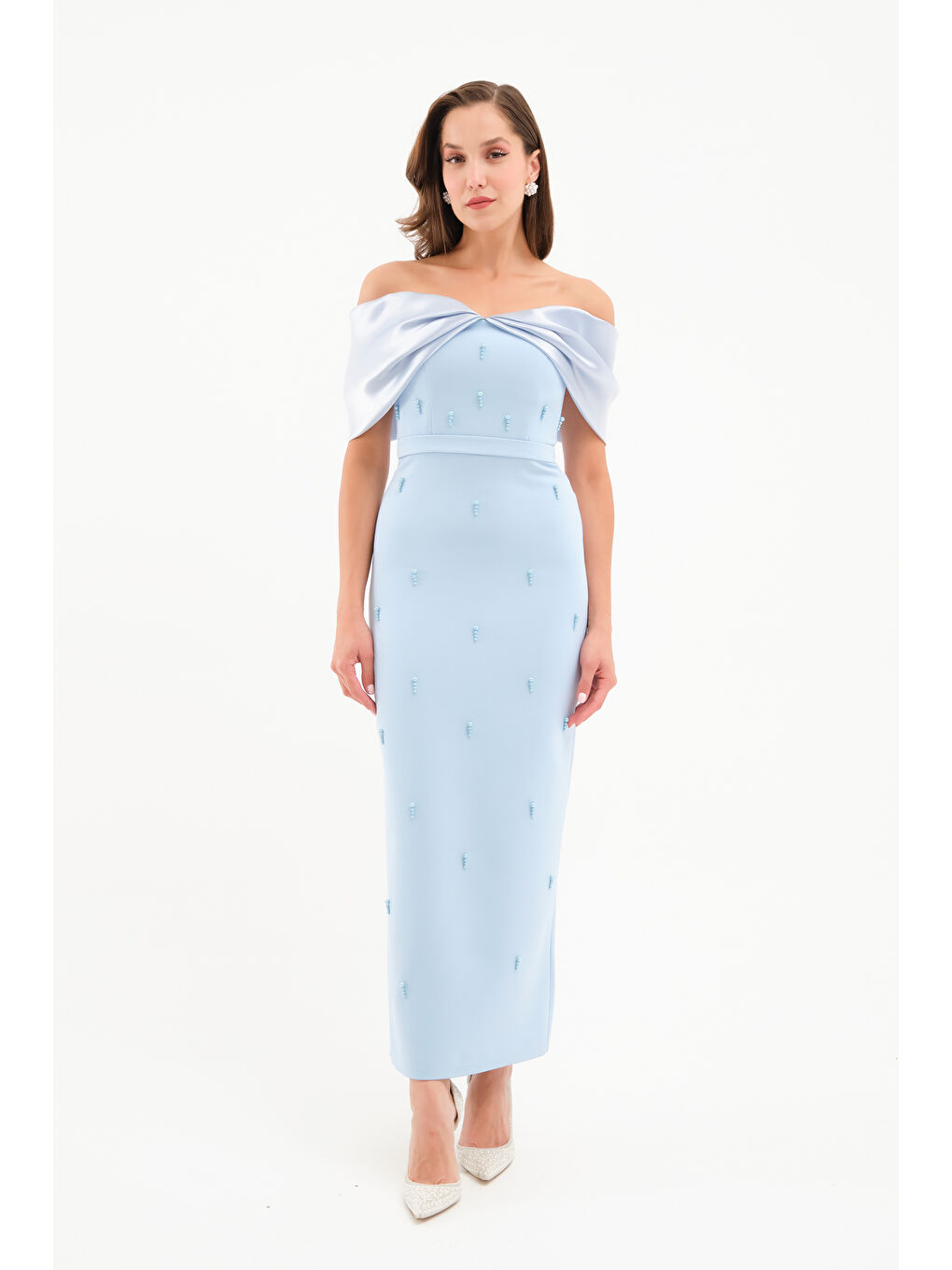 Kadın Bebe Mavi Kayık Yaka İncili Söz Nişan Nikah Abiye Elbise-2