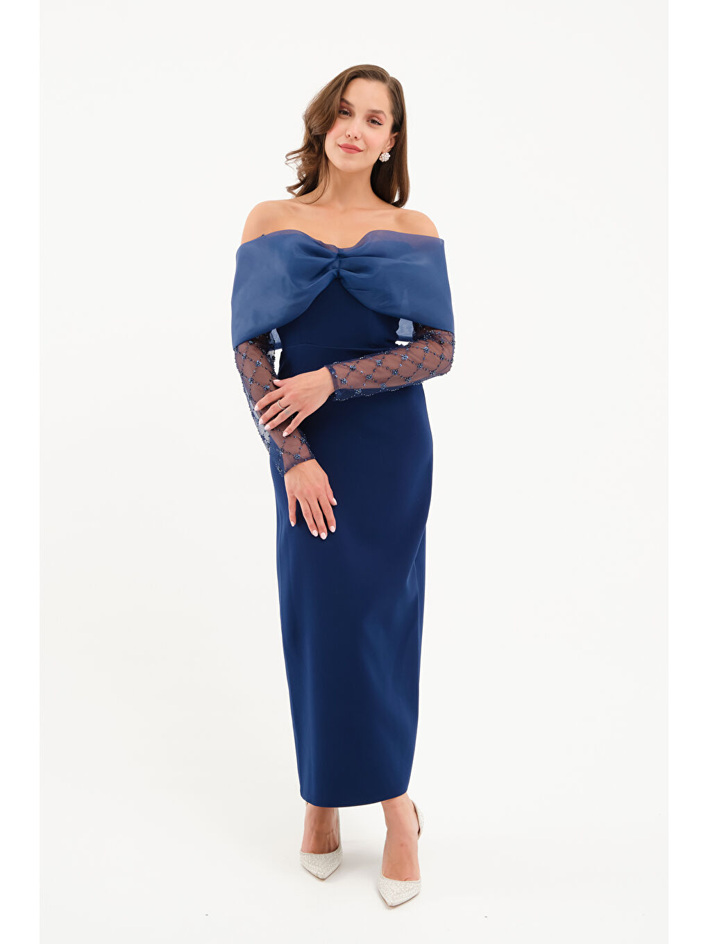 Kadın Lacivert Kol Detaylı Fiyonklu Söz Nişan Nikah Abiye Elbise-2