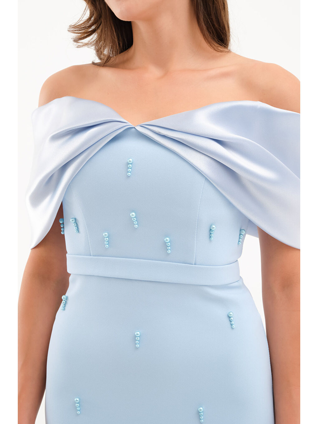 Kadın Bebe Mavi Kayık Yaka İncili Söz Nişan Nikah Abiye Elbise-3