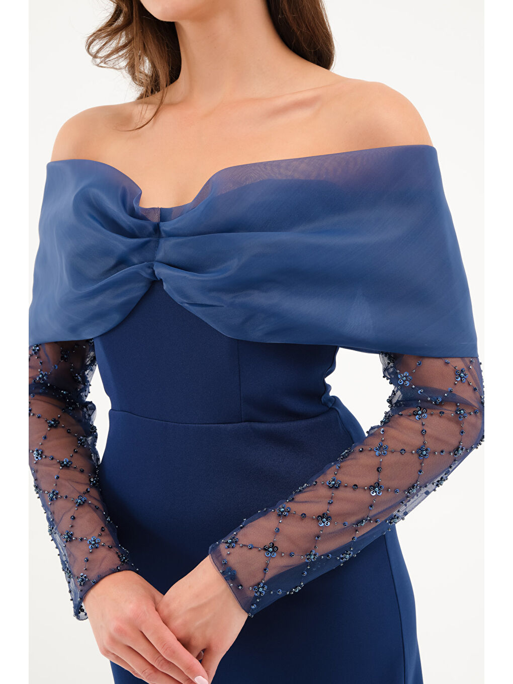 Kadın Lacivert Kol Detaylı Fiyonklu Söz Nişan Nikah Abiye Elbise-3
