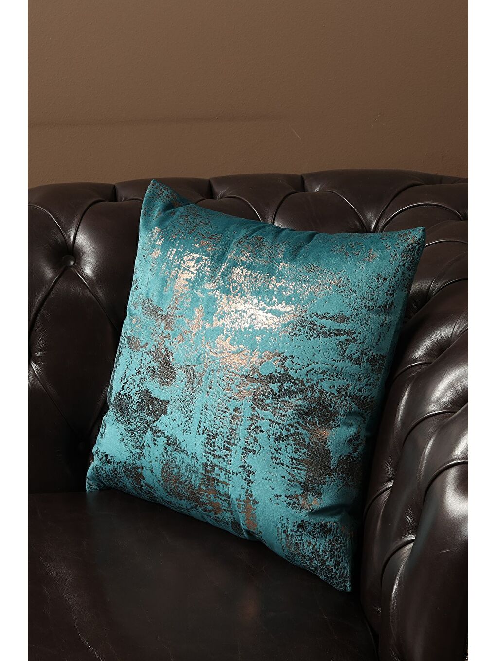 Petrol Bakır Kırlent Kılıfı Dekoratif Desenli Kadife