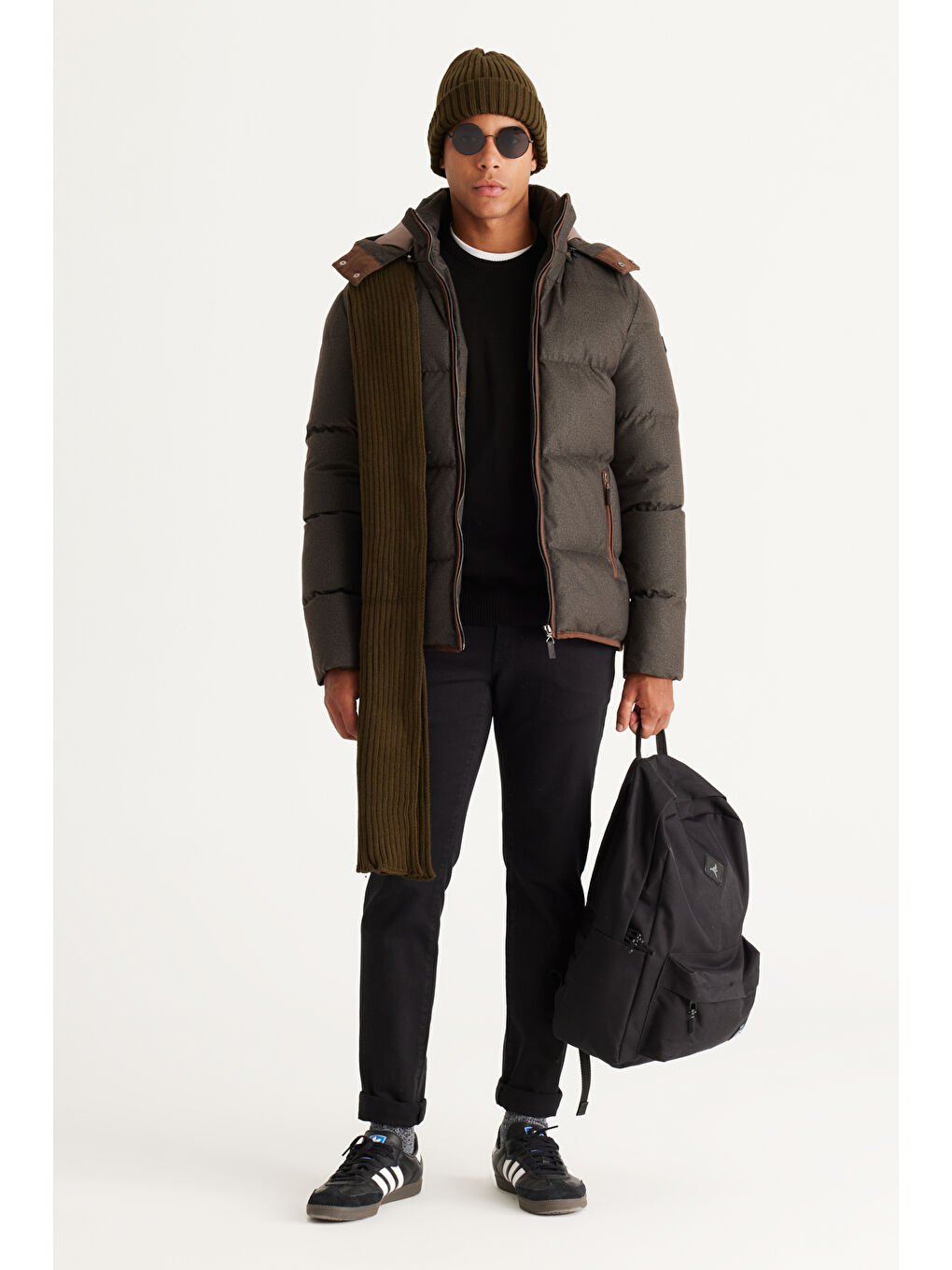 Erkek Kahverengi Standart Fit Normal Kesim Çıkma Kapüşonlu Şişme Mont