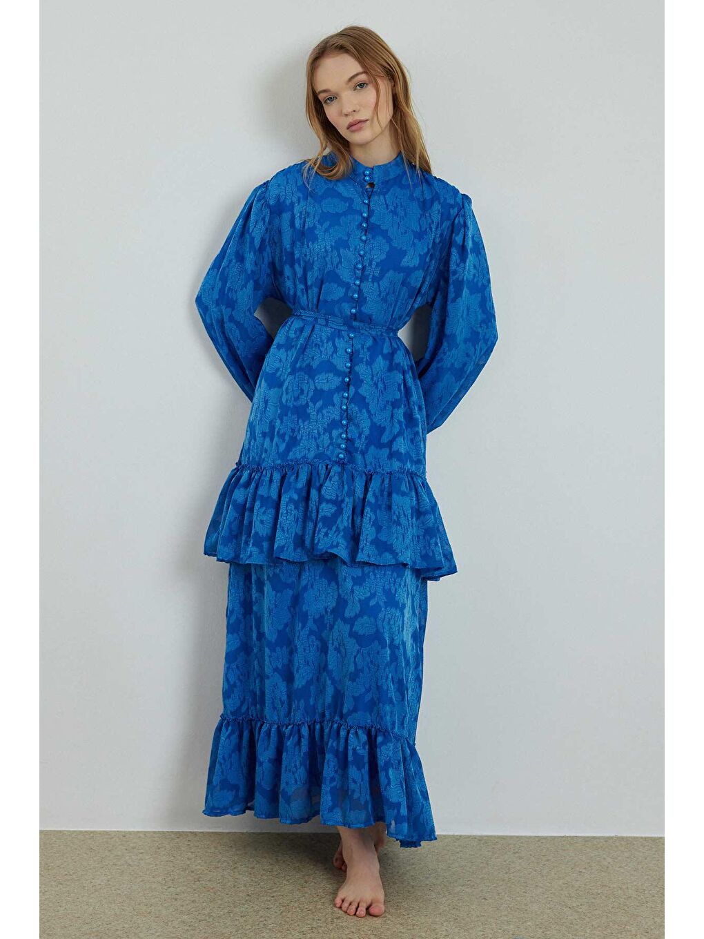 Floral Tül Desenli Elbise -  Saks Mavisi