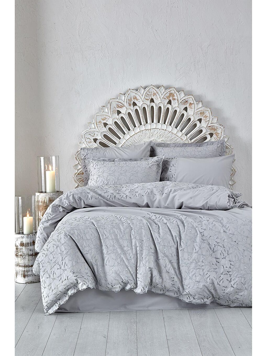 Piraye Battal Boy Nevresim Takımı %100 Organik Pamuk Perkal Brodeli Gri 240x220 Cm-4