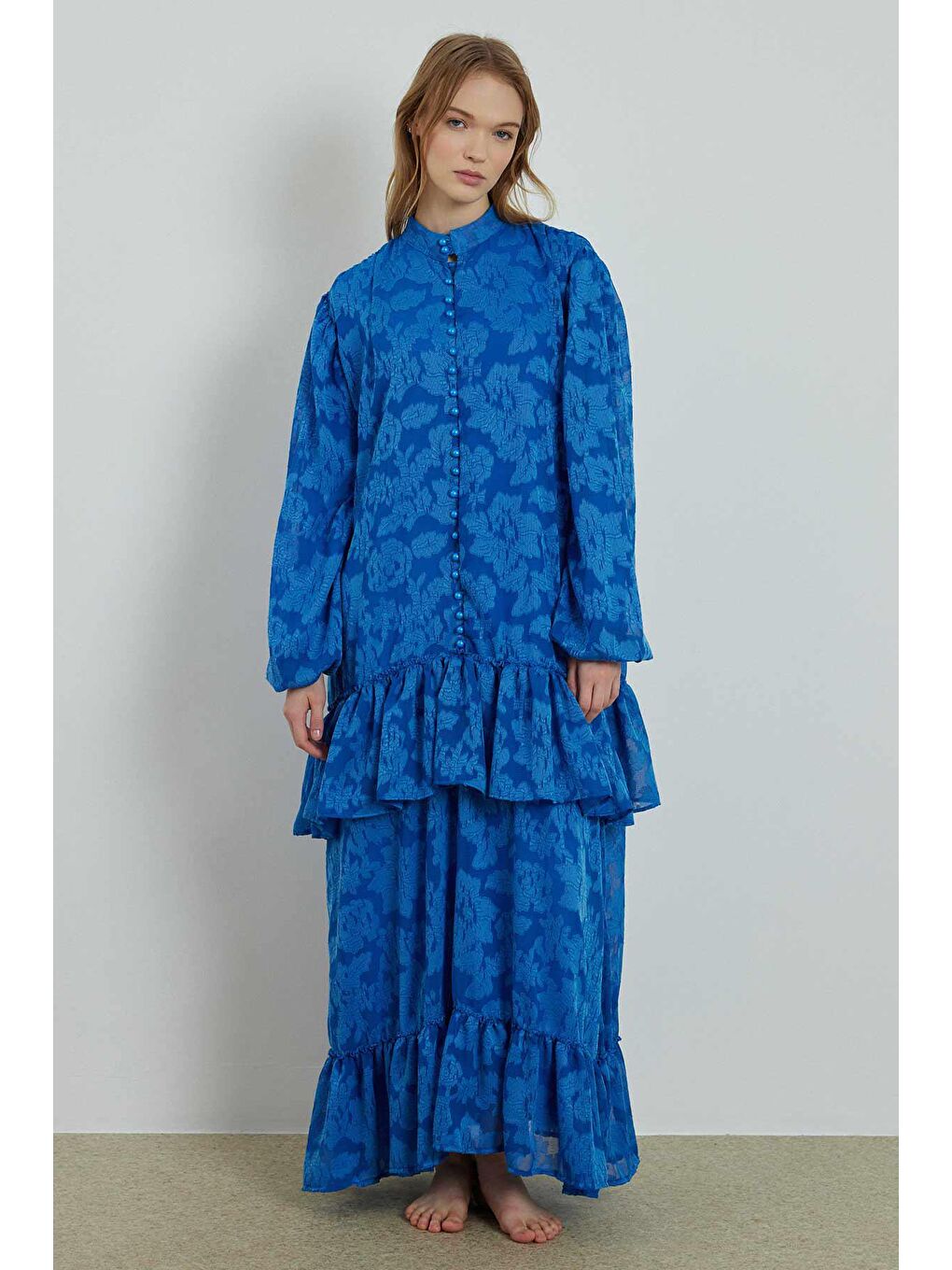 Floral Tül Desenli Elbise -  Saks Mavisi-1