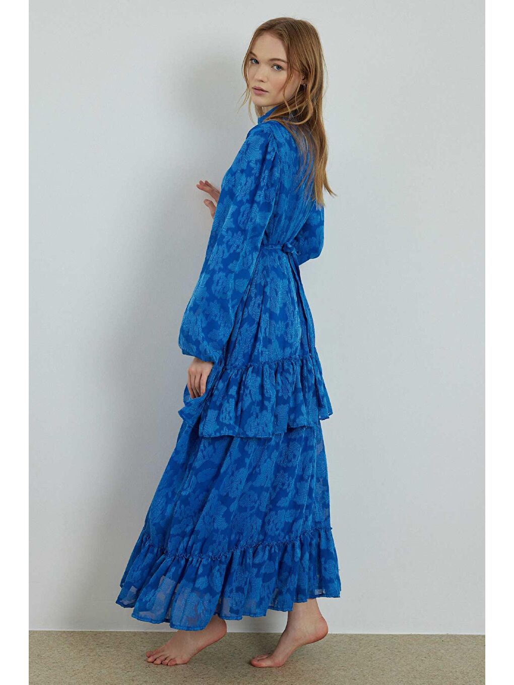 Floral Tül Desenli Elbise -  Saks Mavisi-2