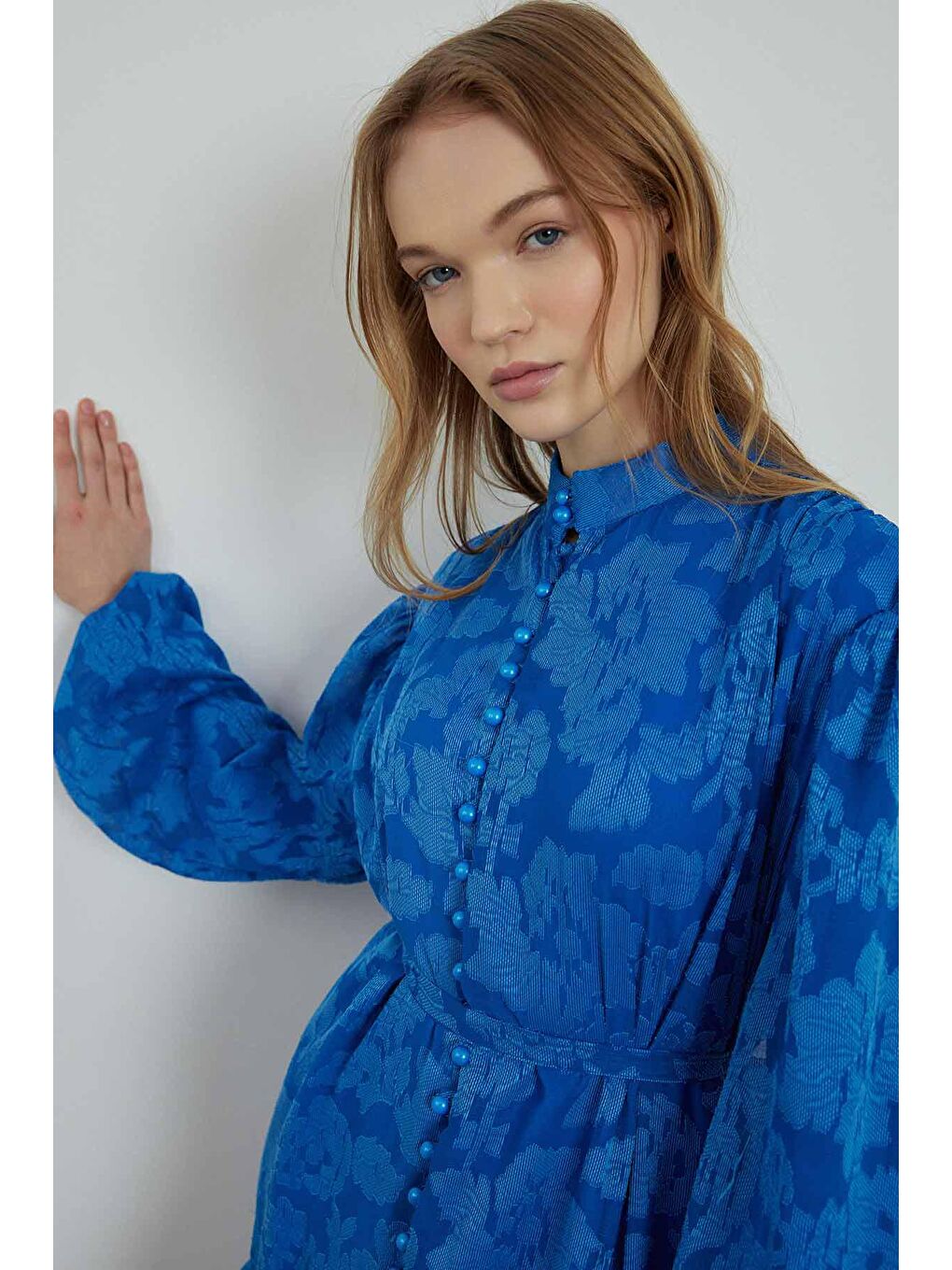 Floral Tül Desenli Elbise -  Saks Mavisi-3