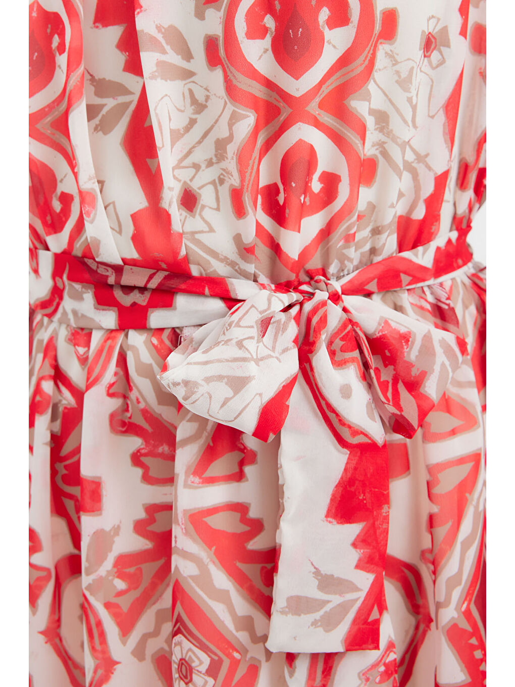2501 Desenli Sıfır Kol Şifon Elbise - Kırmızı-4