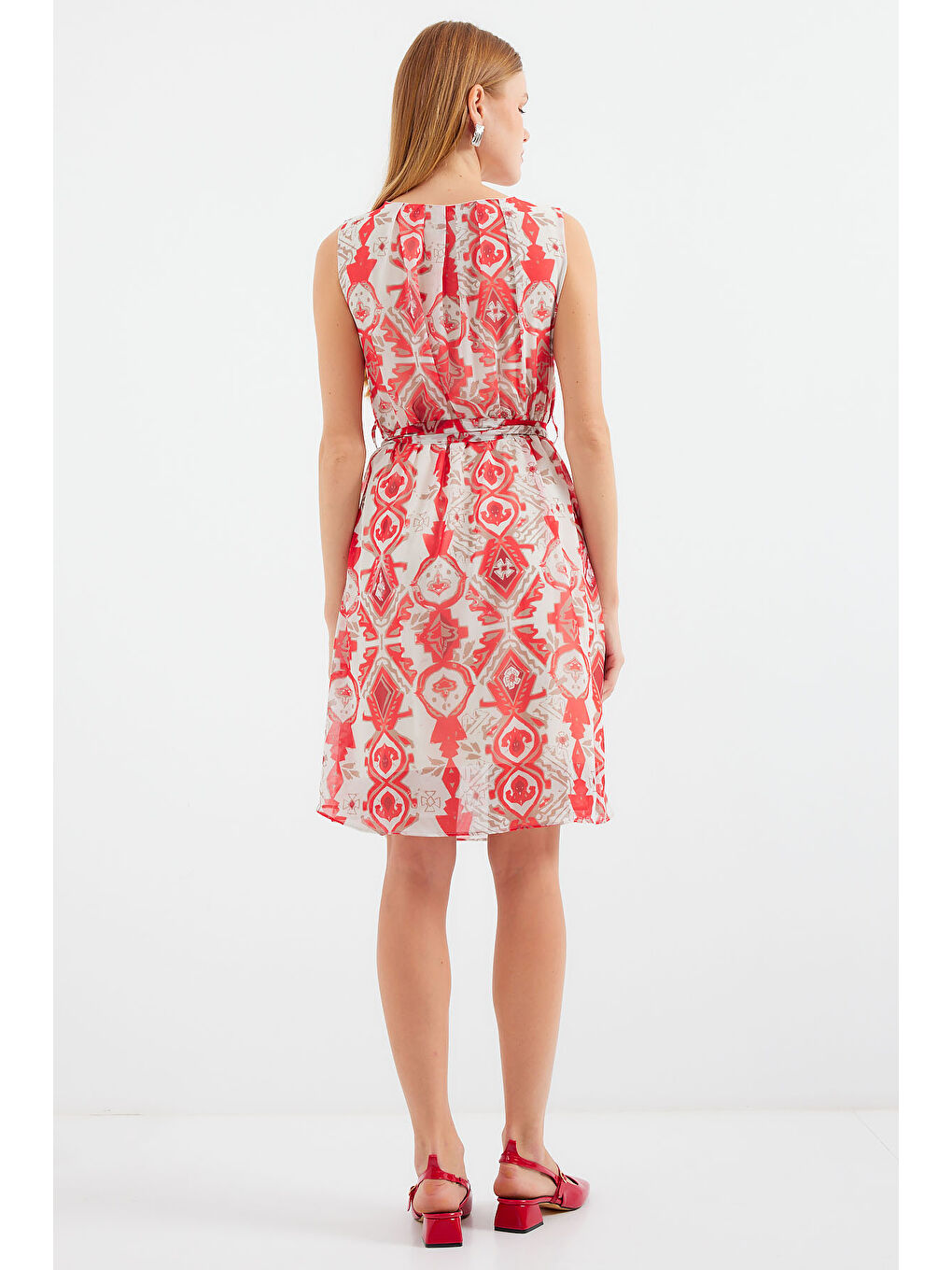 2501 Desenli Sıfır Kol Şifon Elbise - Kırmızı-5