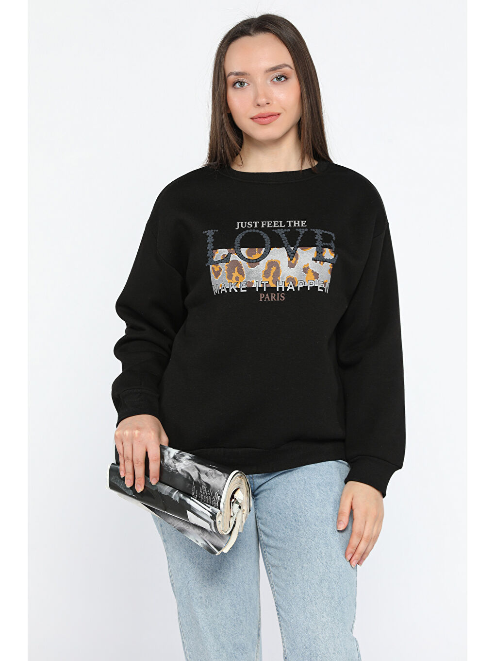 Siyah Kadın Bisiklet Yaka Üç İplik Şardonlu Sweatshirt