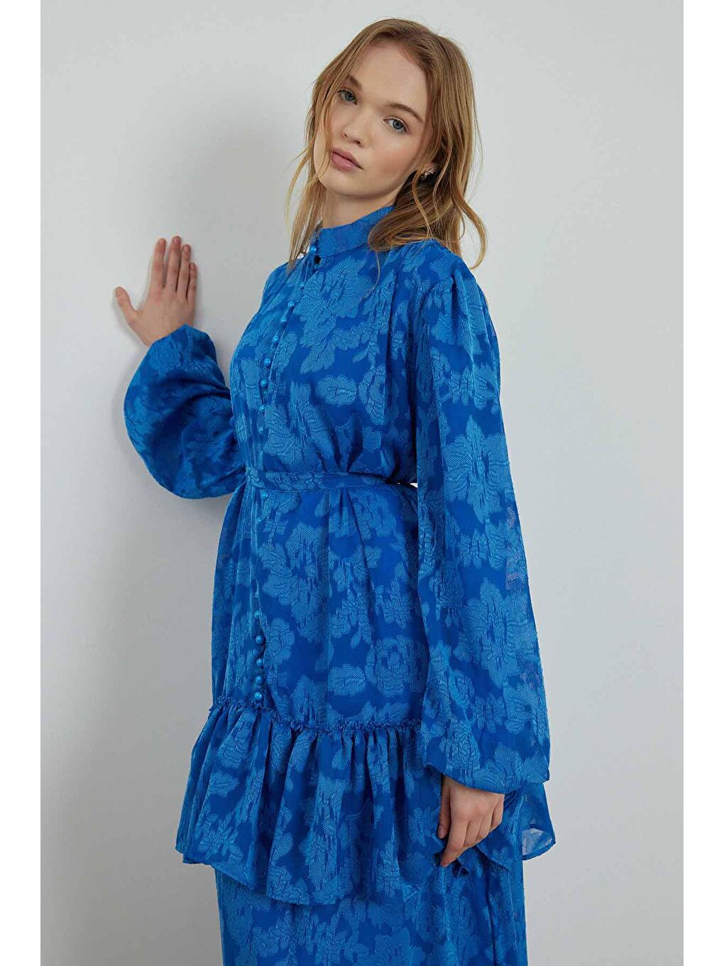 Floral Tül Desenli Elbise -  Saks Mavisi-4